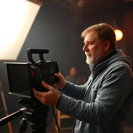 A director passionately directing a scene on a film set